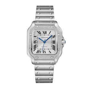 Cartier santos de cartier ur medium model automatisk stål diamanter udskiftelige metal- og læderarmbånd W4SA0005